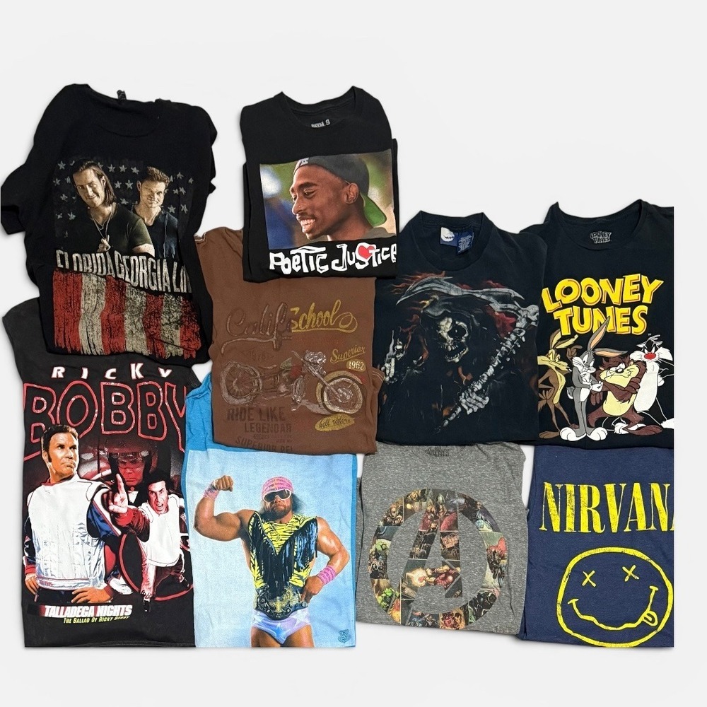 Graphic T-Shirt Lot Mens Small 9pc Nirvana Tupac Ricky Bobby Black Macho Man - Picture 1 of 1